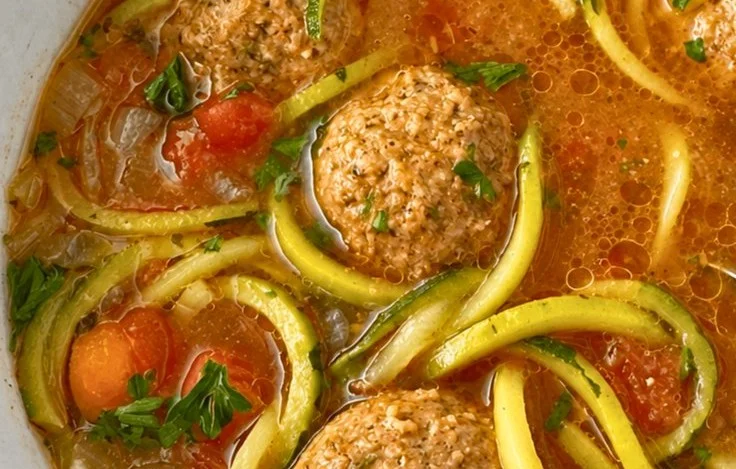 Delicious Easy Slow Cooker Meatball Zoodle Soup in a bowl