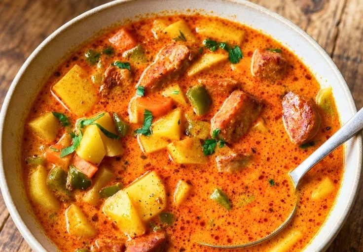 Bowl of easy Spanish potato soup with chorizo, garnished and ready to enjoy.