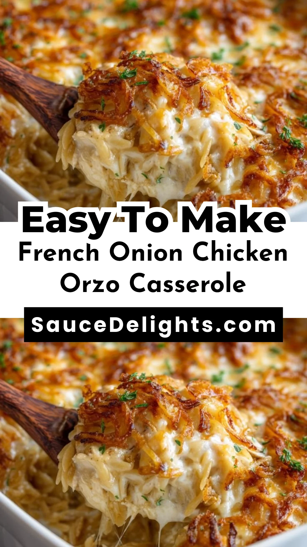French Onion Chicken Orzo Casserole