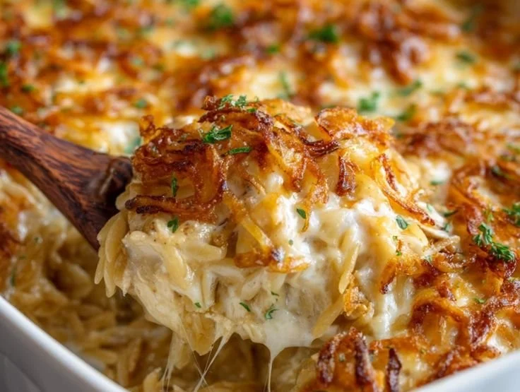 French Onion Chicken Orzo Casserole