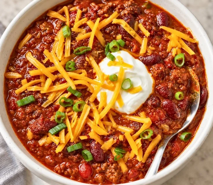 Healthy classic beef chili with beans served in a bowl