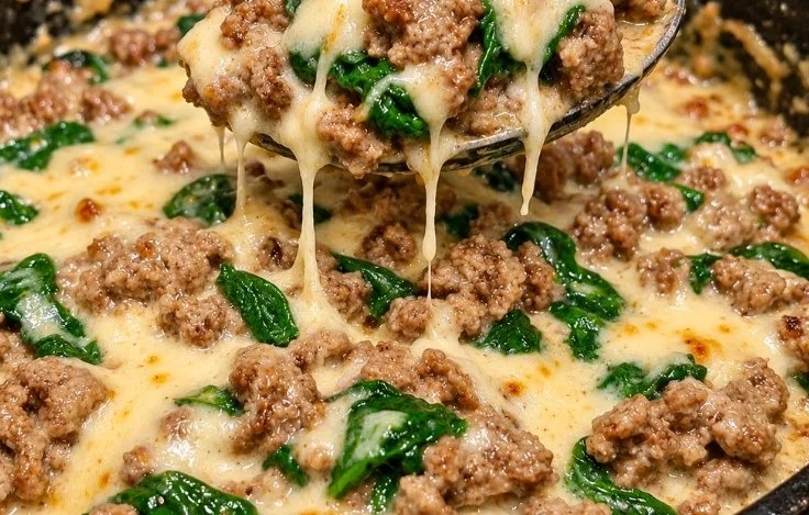Healthy creamy garlic beef and spinach skillet cooked in 30 minutes.