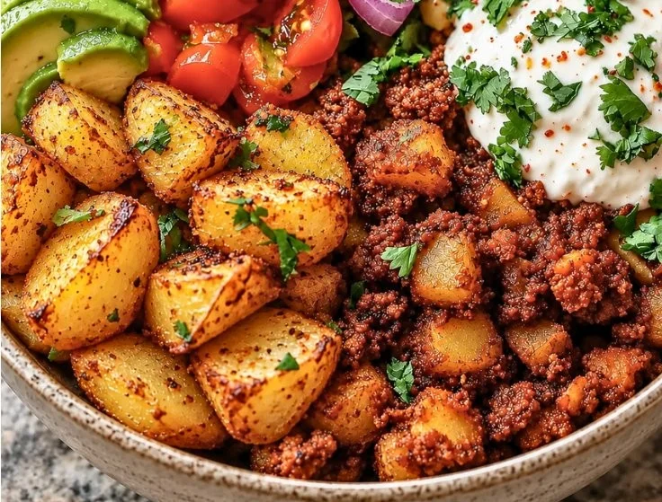 Healthy fiesta potato bowls with ground beef for a quick dinner