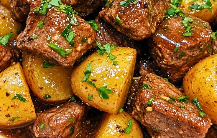 Healthy slow cooker beef bites with potatoes in a bowl
