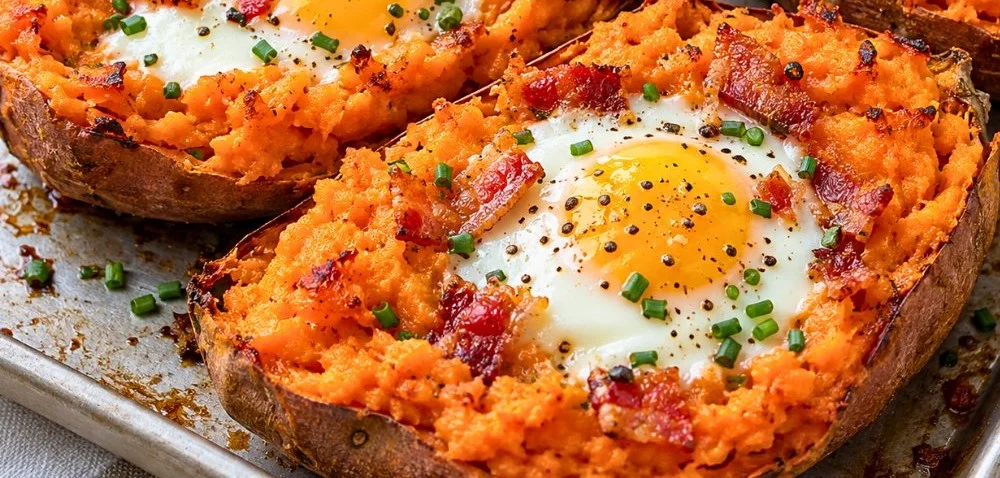 Delicious high protein breakfast sweet potatoes with toppings on a plate