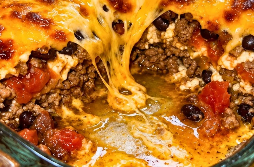 High protein cottage cheese taco casserole with beef and cheese topping