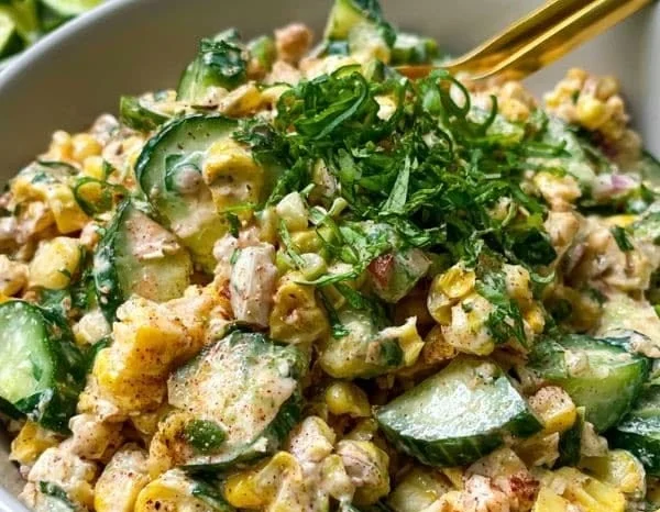 Mexican street corn cucumber salad served in a bowl, perfect for summer BBQs