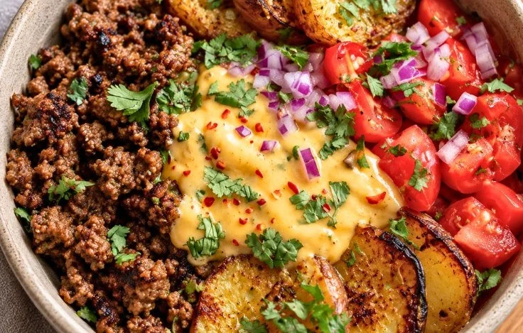 Ground beef and potato taco bowl topped with fresh ingredients