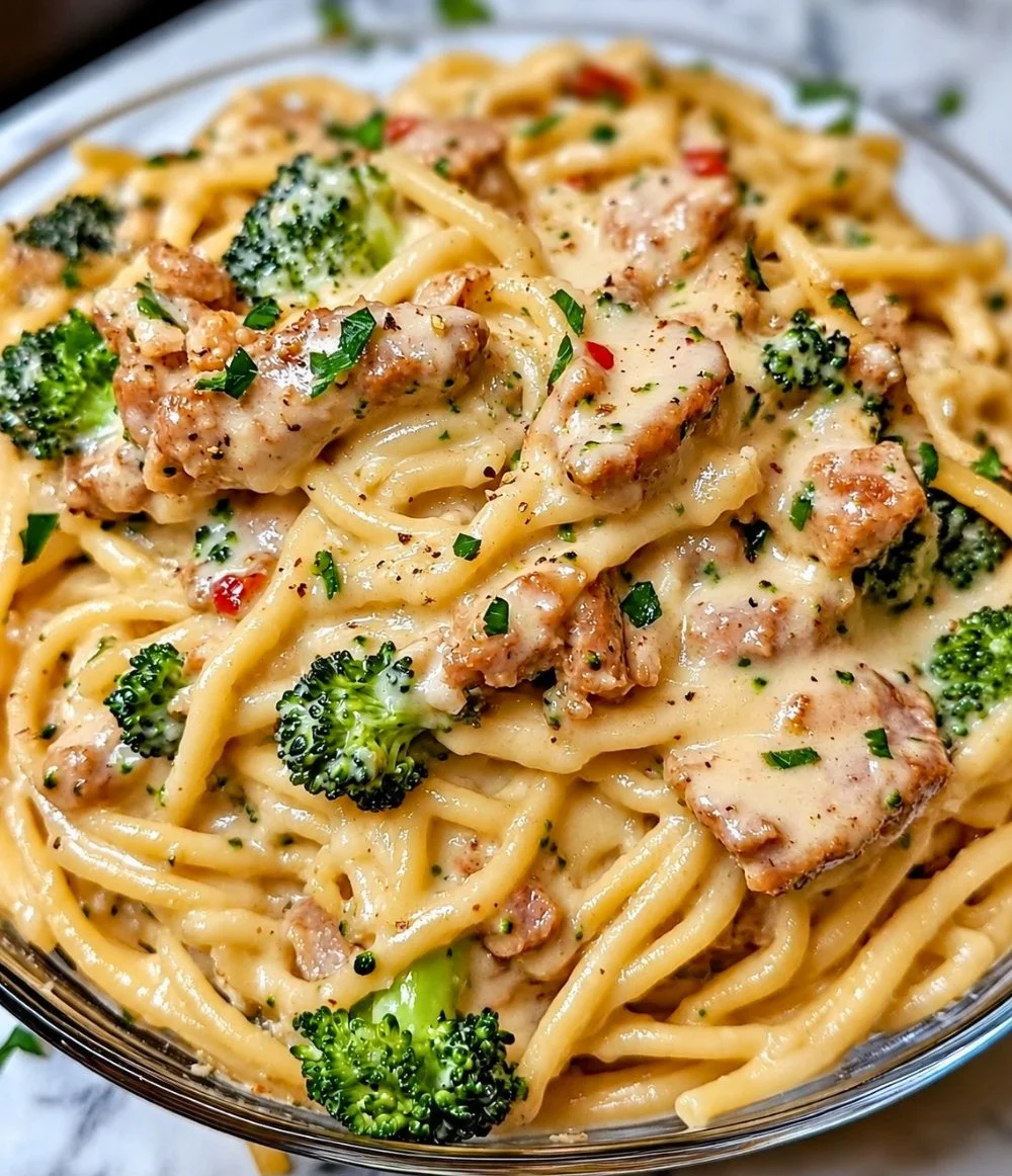 Creamy chicken sausage Alfredo pasta in a one pot meal