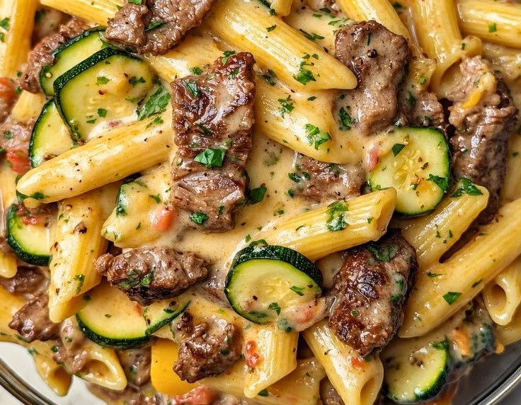 Quick healthy steak penne with zucchini in a creamy sauce