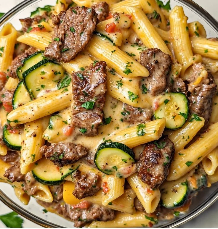Quick Healthy Steak Penne with Zucchini | Lighter Creamy Dinner