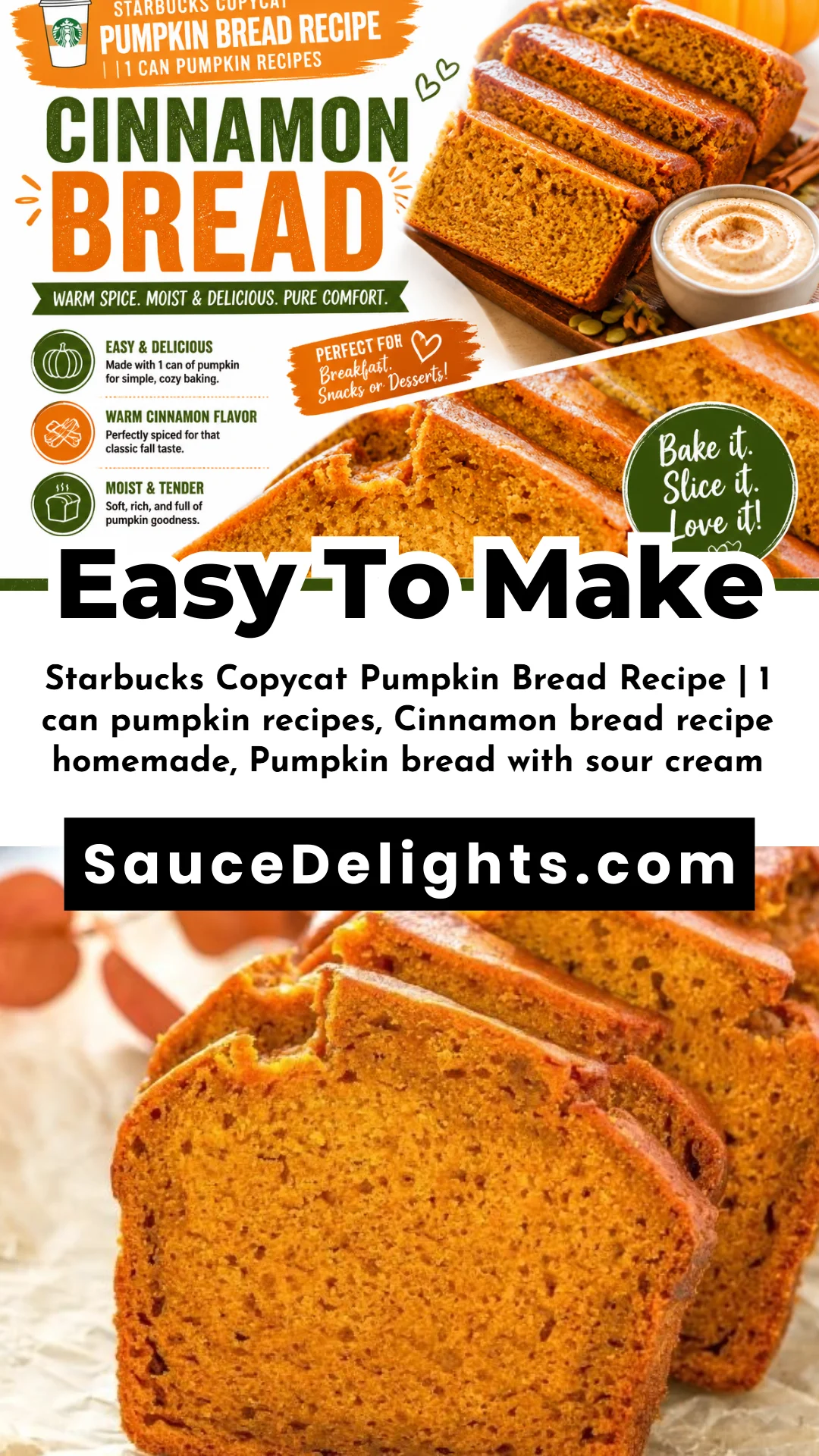 Starbucks Copycat Pumpkin Bread Recipe | 1 can pumpkin recipes, Cinnamon bread recipe homemade, Pumpkin bread with sour cream