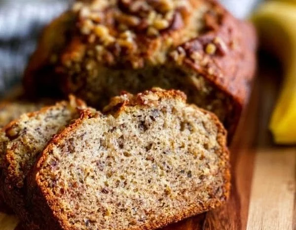 Moist and delicious homemade banana bread loaf baked from scratch