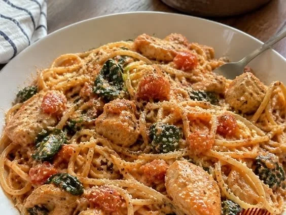 Tomato Spinach Chicken Spaghetti